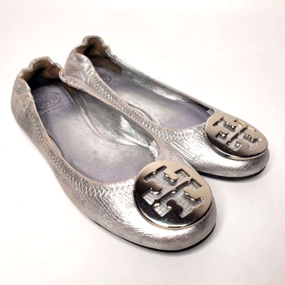 Tory Burch Reva Metallic Silver Leather Ballet Flats 5